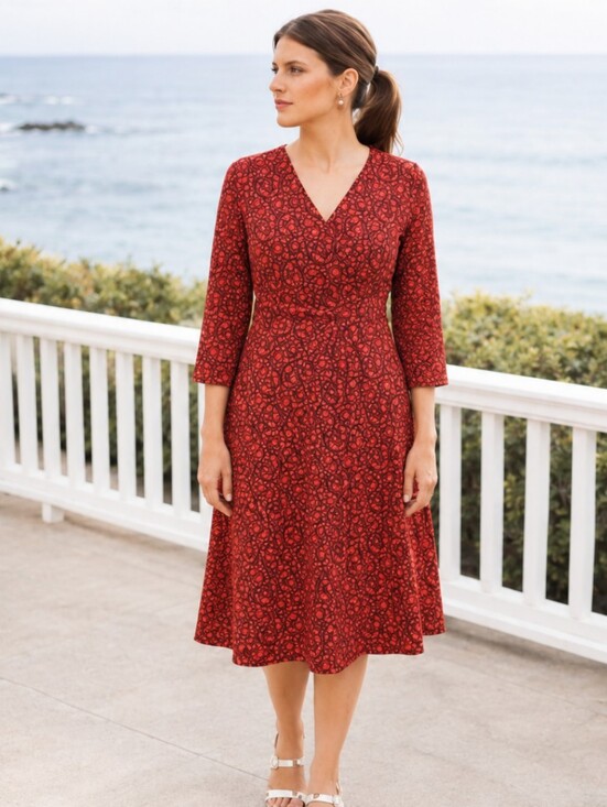 Lands' End Dresses & Skirts - Lands' End Red Dress Moroccan Demure A-Line V-Neck 3/4 Sleeve Cross Over Sz L